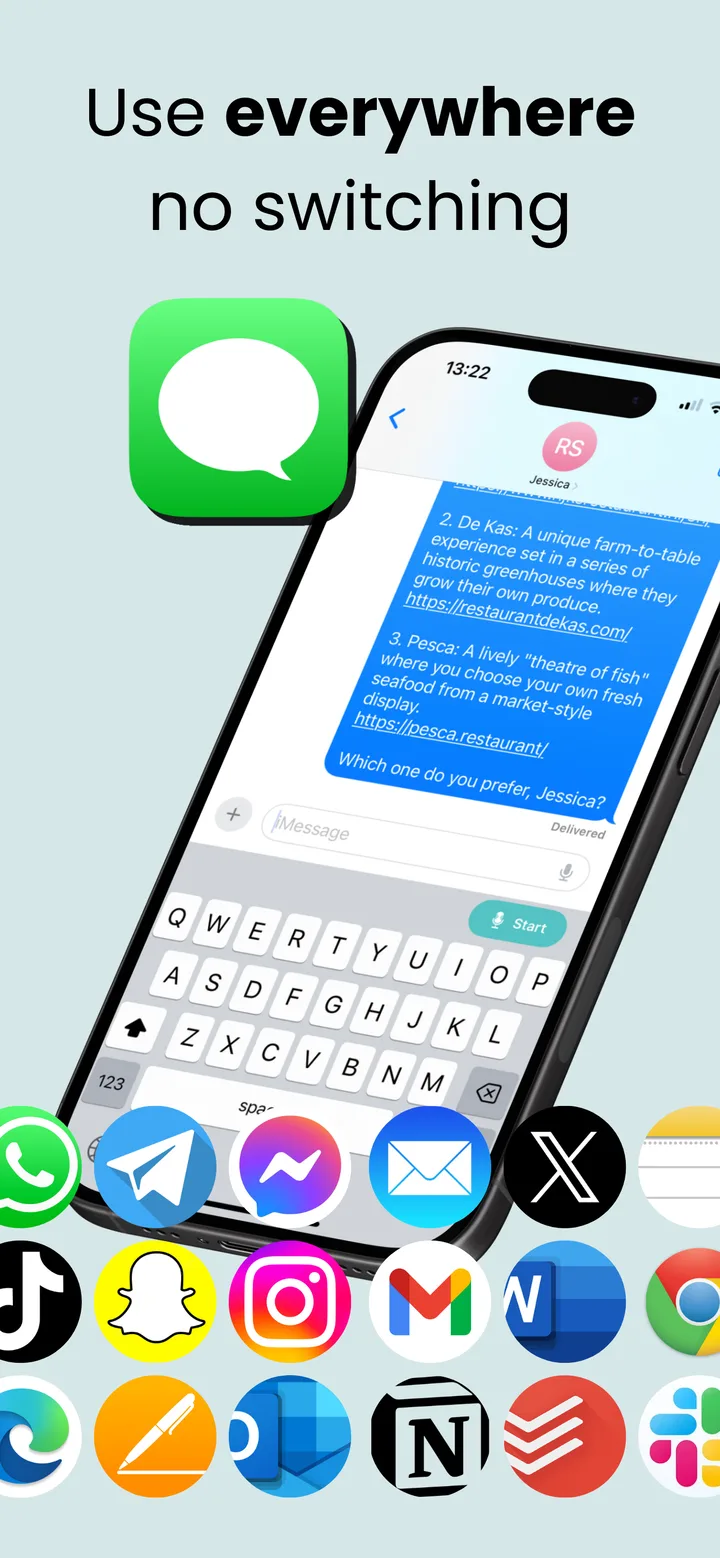 The ListenUp keyboard open inside Messages, dictating a reply in a real conversation.