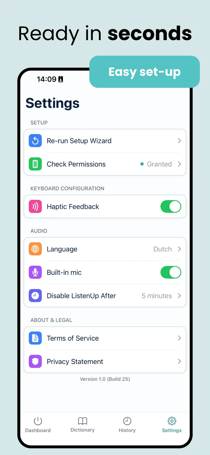The ListenUp settings screen: permissions granted, the language set to Dutch, and a one-tap setup wizard, ready to dictate in seconds.